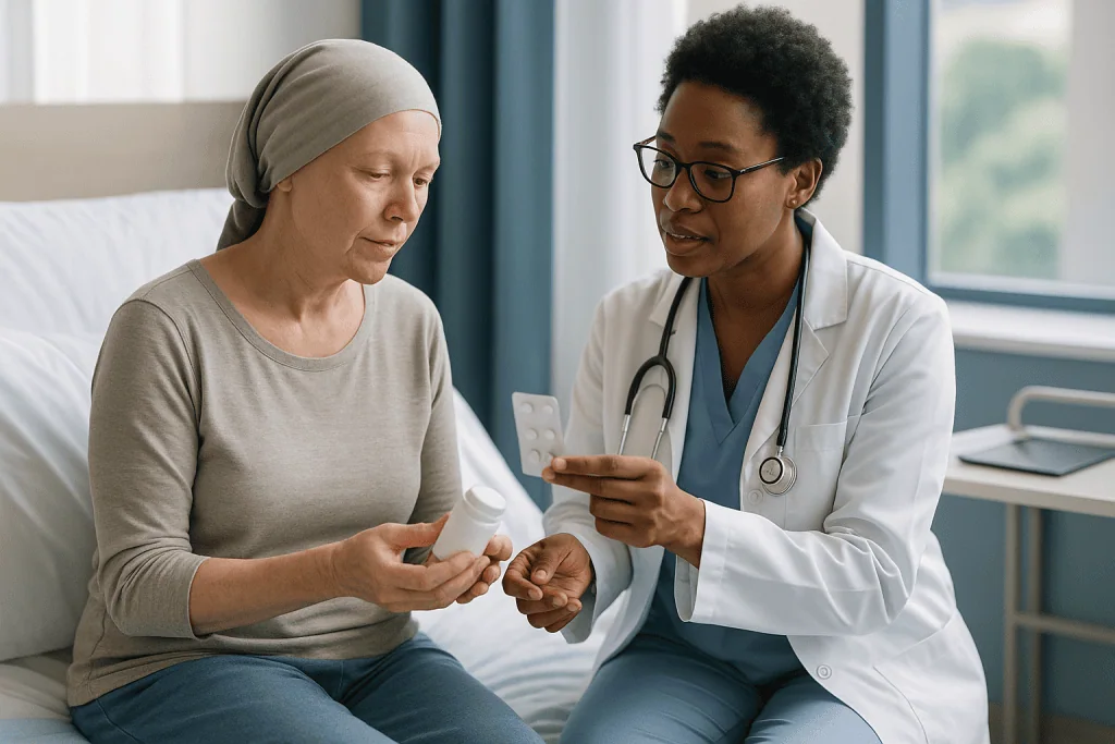 Doctor consulting patient about medication in hospital room: How gvhd prevention after transplant actually works