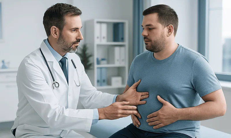 Doctor examining male patient with gynecomastia in clinic.
