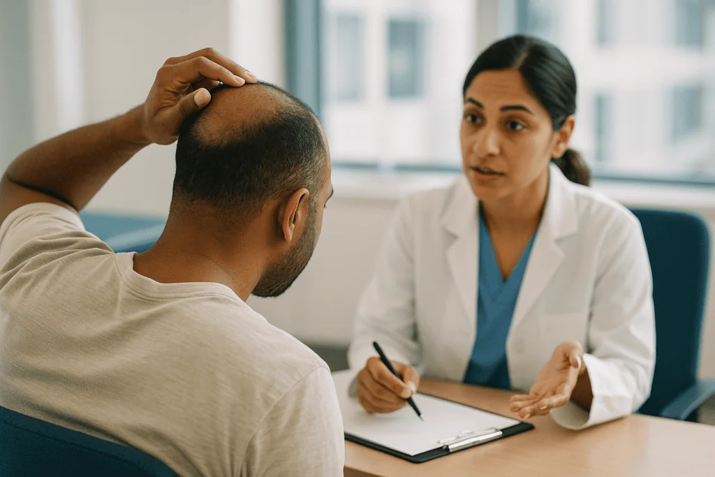 Doctor consulting patient about hair loss or baldness: How hair transplant repair actually works: the three moving parts