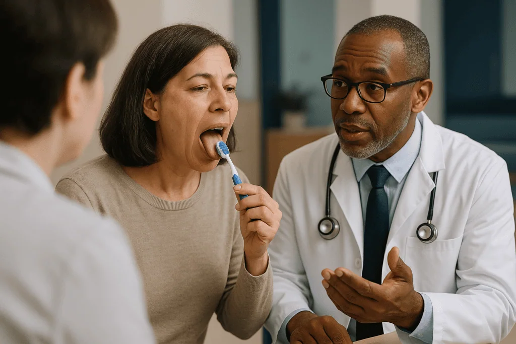 Doctor examining patient's throat with tongue depressor: How halitosis actually works: sulfur, bacteria and the back of the 