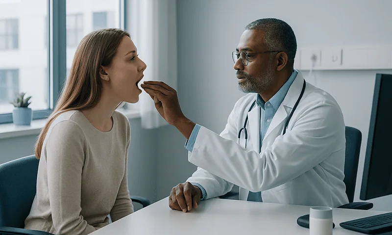 Doctor examining patient's mouth for halitosis diagnosis at Acibadem Hospital.