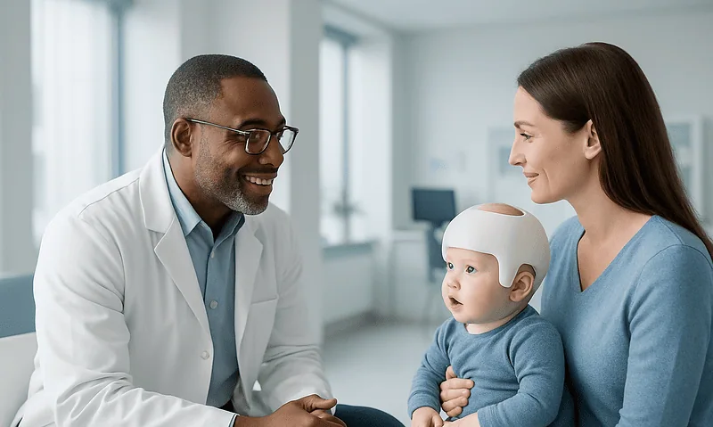 Pediatric neurosurgery consultation with a child wearing a cranial helmet.