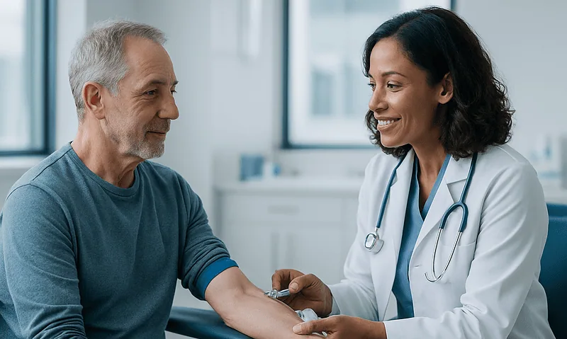 Doctor examining a patient's arm in a medical consultation.