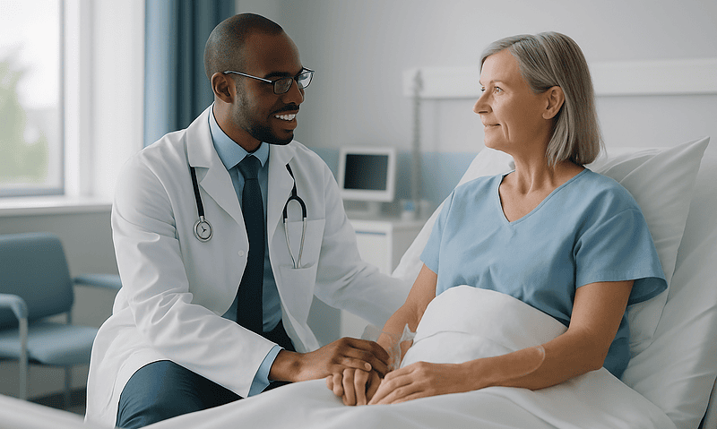 Doctor talking to senior female patient in hospital room.