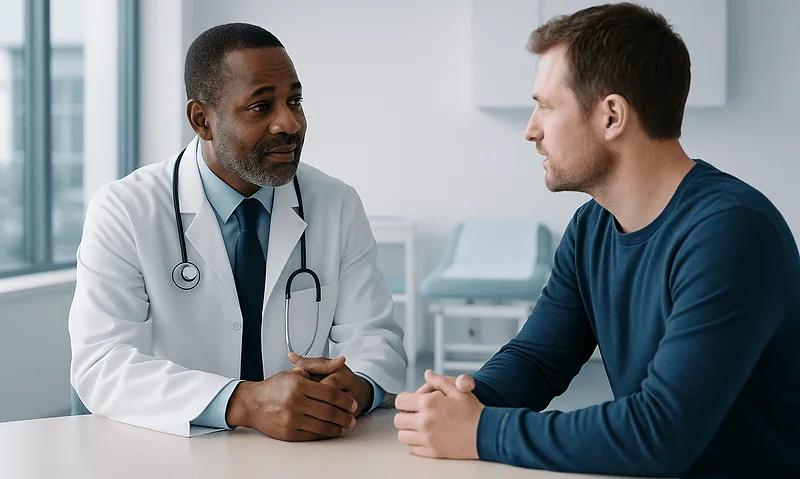 Doctor consulting with a patient in a hospital setting.