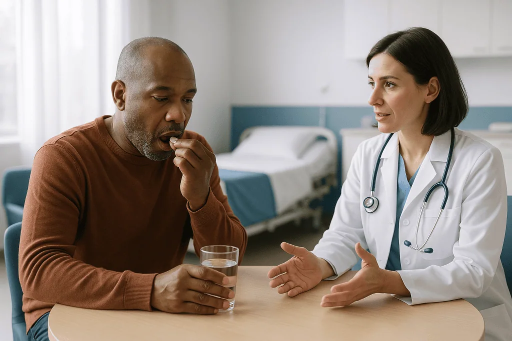 Doctor consulting patient in clinical setting, patient holding water glass: How hepatitis B antiviral medicines work in plai