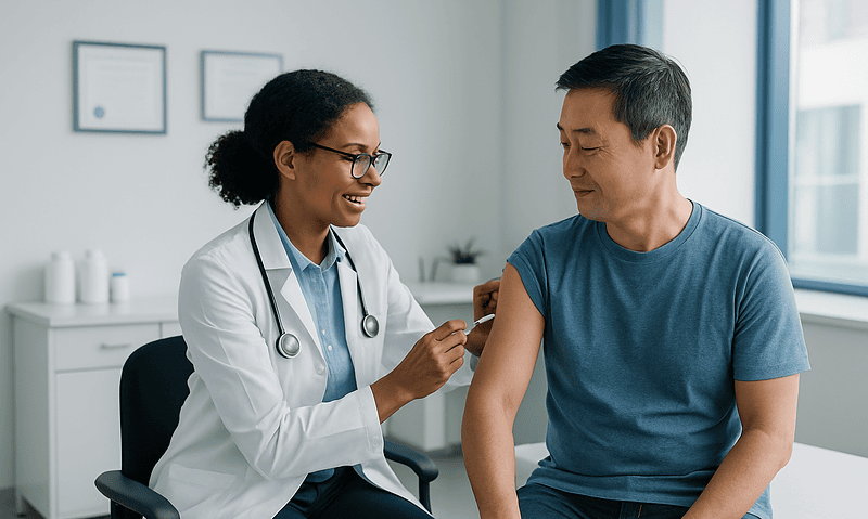 Doctor administering hepatitis B vaccine to patient in clinic.
