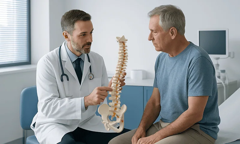 Doctor explaining spinal anatomy to patient in a medical consultation.