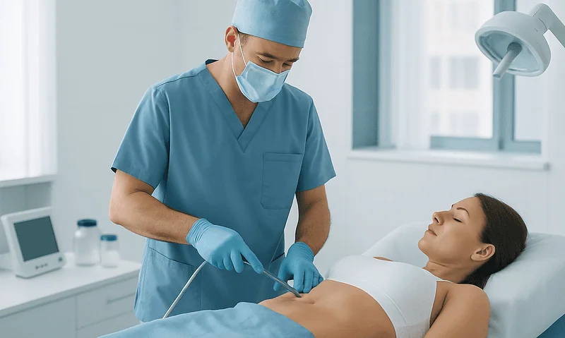 Surgeon preparing for high-definition liposuction procedure on patient.