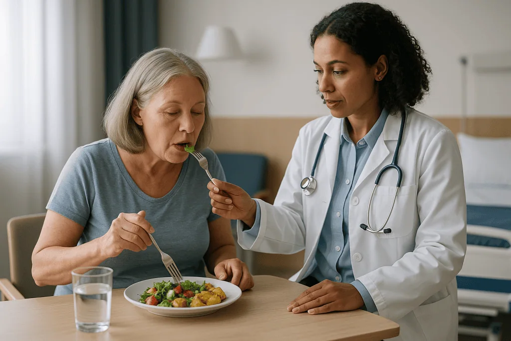 Doctor observing patient eating healthy salad meal: How hiatal hernia repair works, and why it can loosen