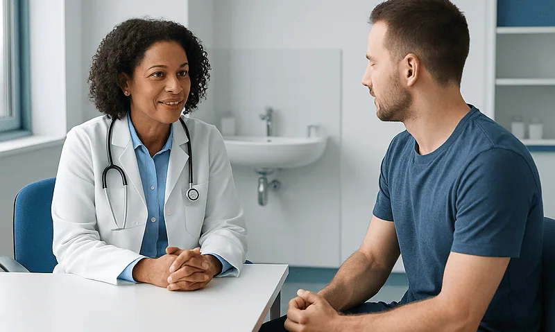 Doctor consulting with a patient in a medical office.