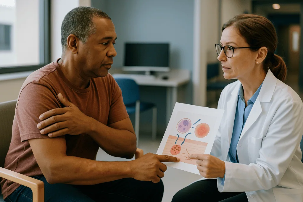 Doctor consulting patient with dermatology diagram: How hives actually happen: mast cells, histamine and wheals that move