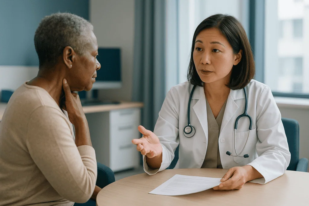 Doctor consulting patient in office setting: How Hodgkin vs non-Hodgkin lymphoma treatment planning actually works