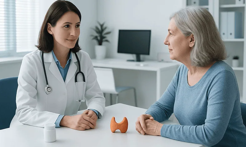 Doctor consulting with an elderly female patient in a medical office.