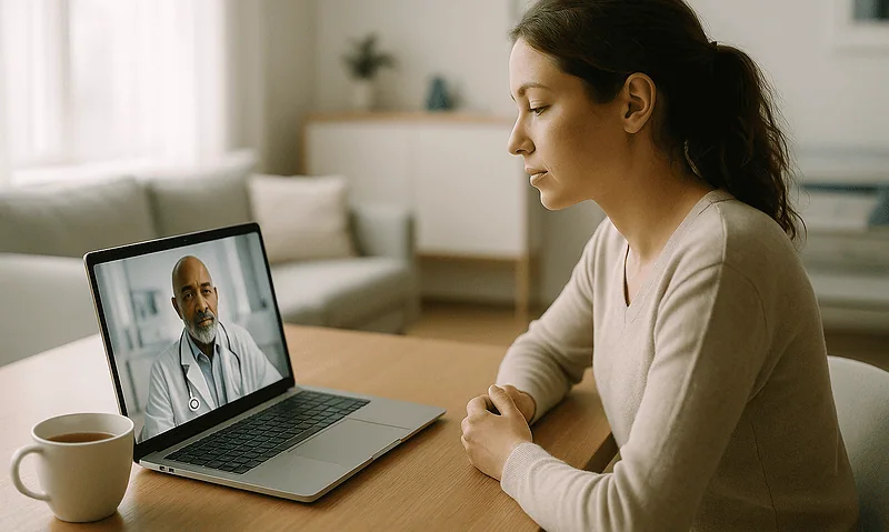 Woman having a telemedicine consultation with a doctor on her laptop.