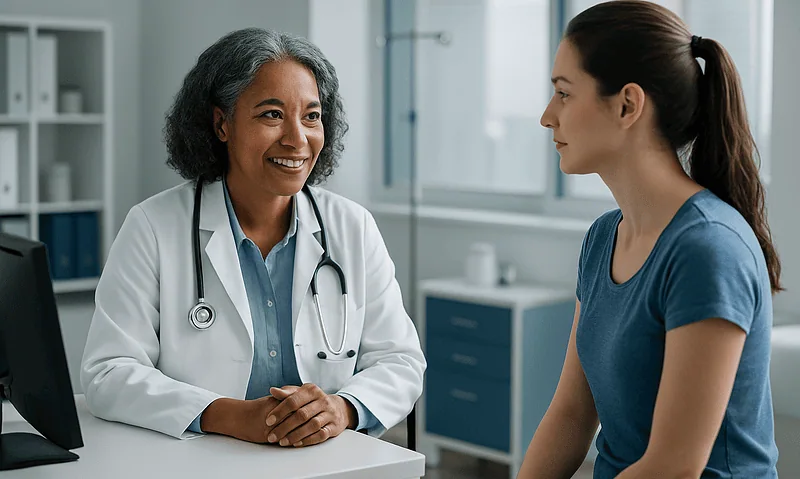 Doctor consulting with a patient in a modern medical office.