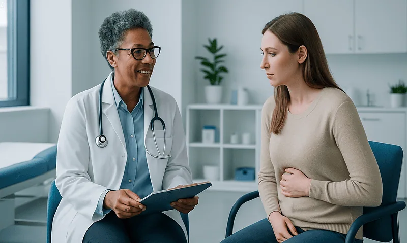 Doctor consulting with a patient about digestive health in a clinic setting.