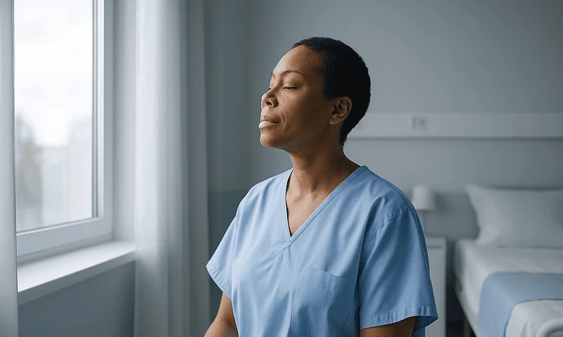 Nurse in blue scrubs meditating in a hospital room with natural light.