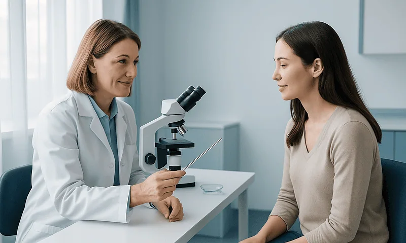 Fertility specialist explains ICSI procedure to patient in clinic.