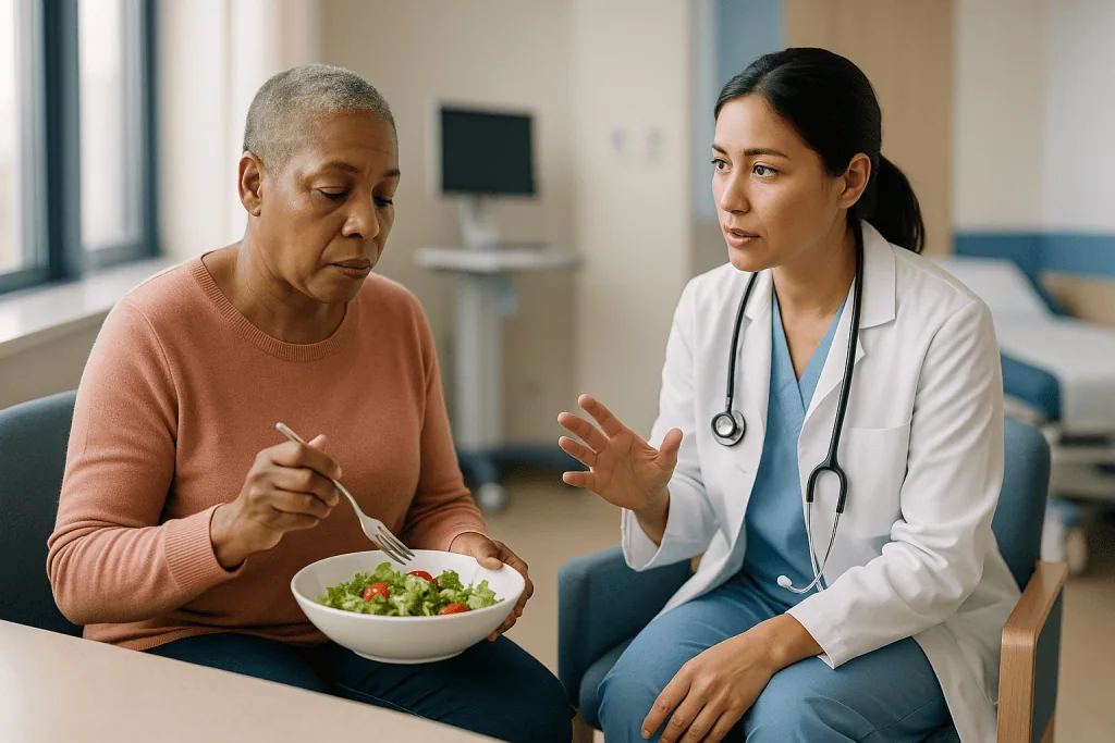 Doctor consulting patient about healthy eating with salad: How immune checkpoint inhibitors work, and why side effects follo