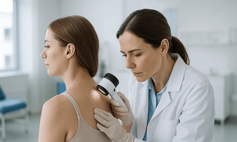 Dermatologist examines patient's skin with a dermatoscope in a clinical setting.