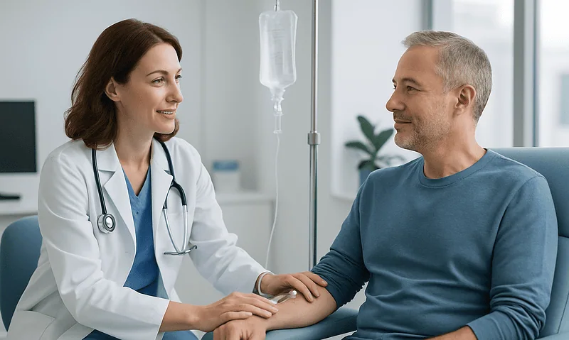 Doctor consulting with a patient in a hospital room.