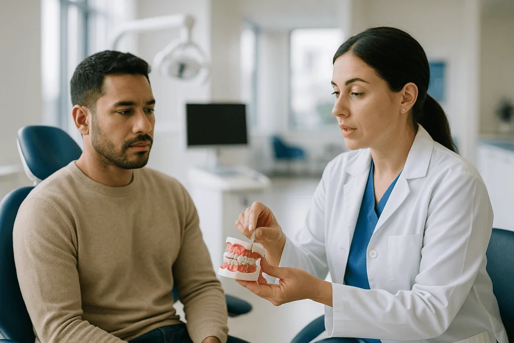 Female dentist explaining dental model to male patient: How impacted canine treatment works: exposure and orthodontic tracti