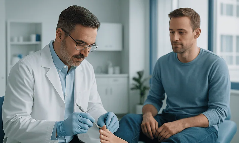 Doctor examining patient's toe in a clinical setting for ingrown toenail treatment.