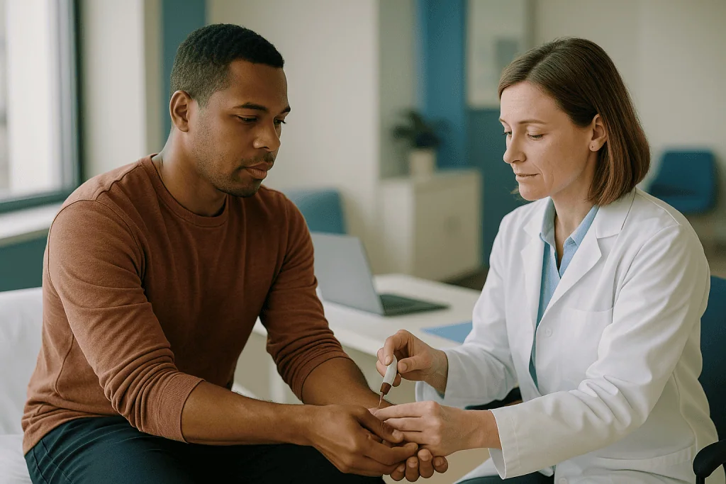 Doctor examining patient's arm during medical consultation — How inhibitor testing in hemophilia actually works, step by step