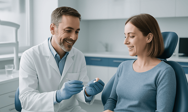 Dentist explaining dental inlay or onlay procedure to patient in clinic.