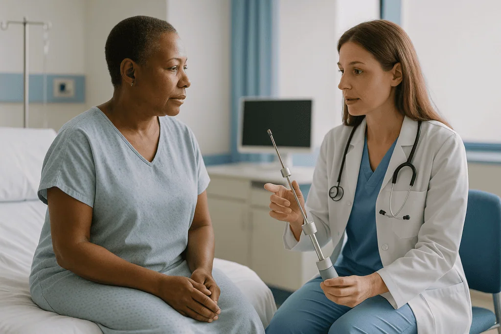 Doctor consulting patient in hospital room setting: How internal radiation for cervical cancer actually works