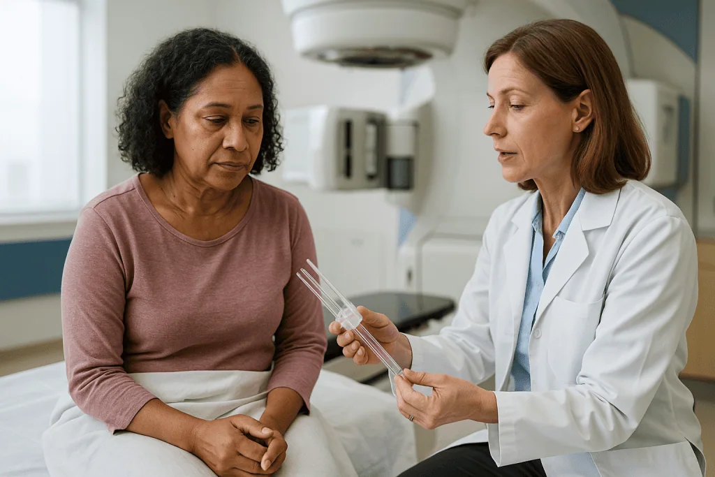 Female doctor consulting patient with medical device — How internal radiation for cervical cancer (brachytherapy) actually wo
