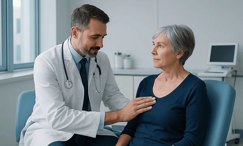 Doctor examining an elderly woman in a medical consultation room.