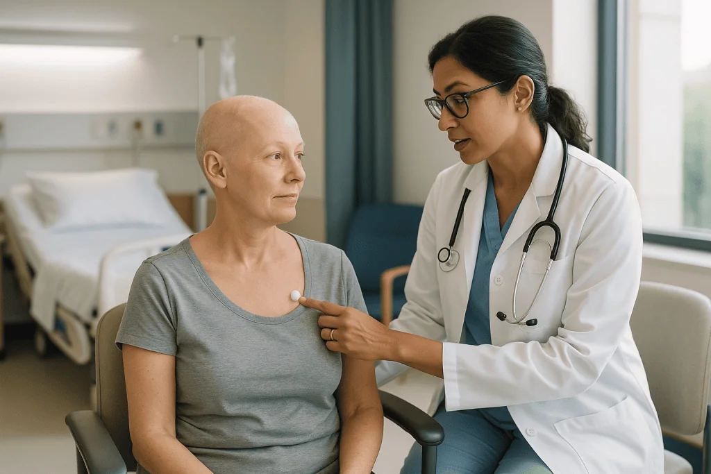 Doctor consulting patient in hospital room setting: How is a chemo port placed, and how does it work?