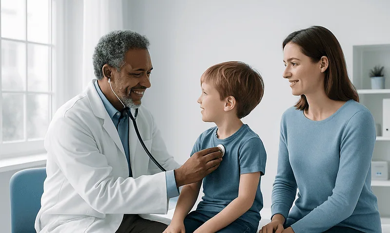 Pediatric neurologist examining a young boy in a hospital setting.