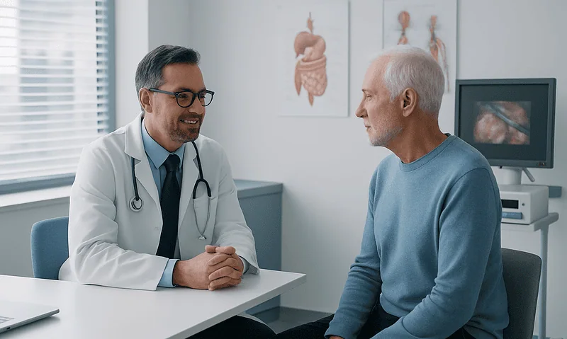 Doctor consulting with elderly patient in medical office.