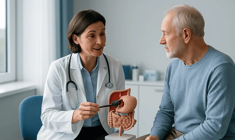 How Is a Laparoscopic Cholecystectomy (Keyhole Gallbladder Surgery) Performed? 3 Doctor explaining gallbladder anatomy to patient in clinic setting.