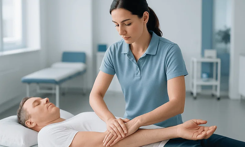Medical professional performing a physical exam on a patient in a clinical setting.