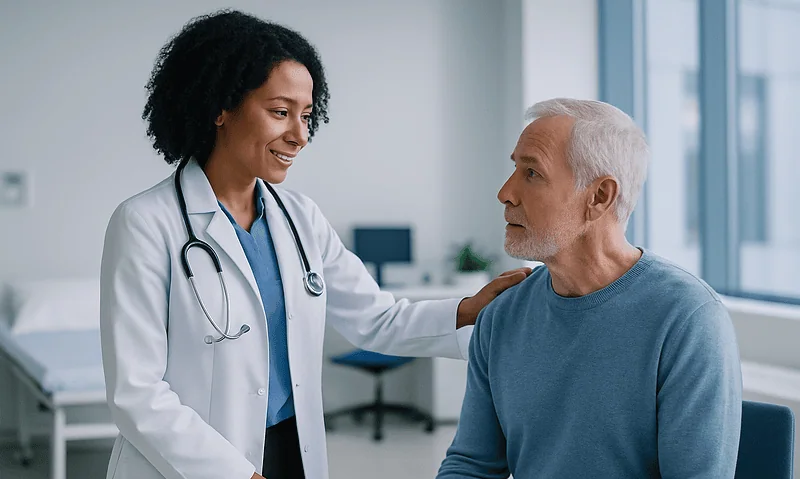 Doctor consulting with an elderly male patient in a hospital room.