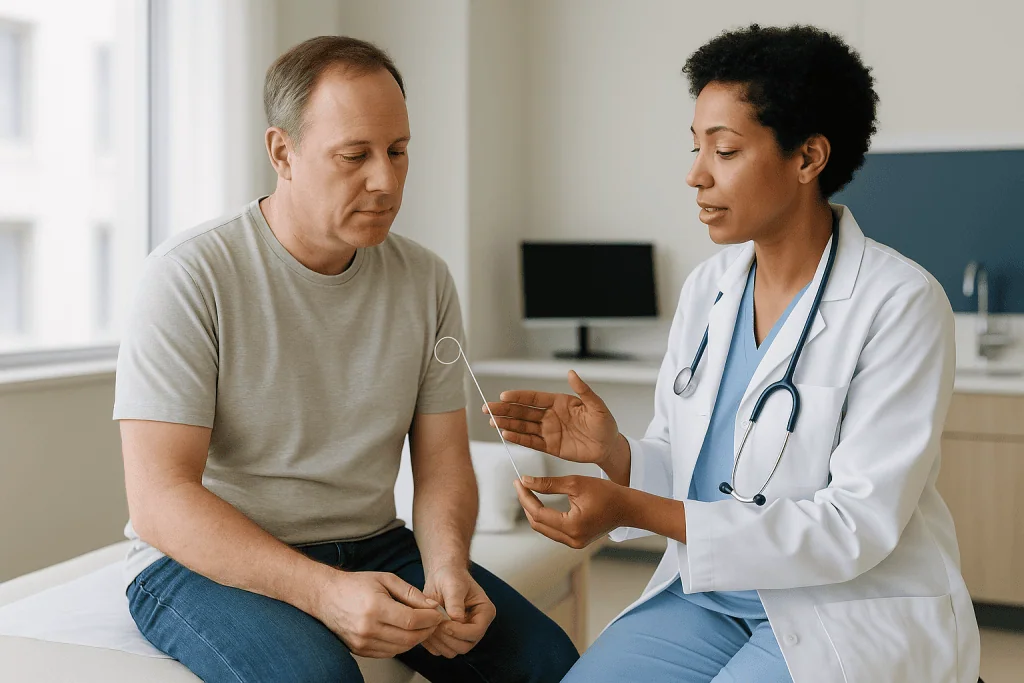 Doctor consulting with male patient in clinic setting: How is a ureteral stent placed, and how does it come out?