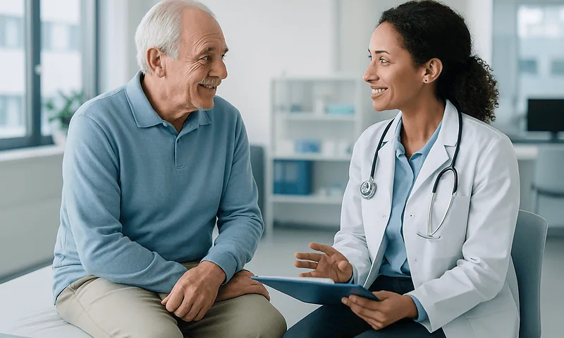 Doctor consulting with elderly patient in a medical office.