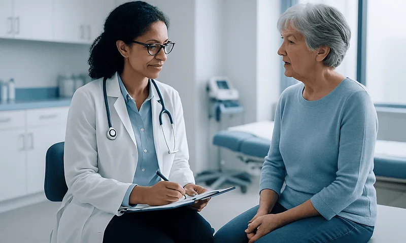 Doctor consulting with an elderly female patient in a medical office.