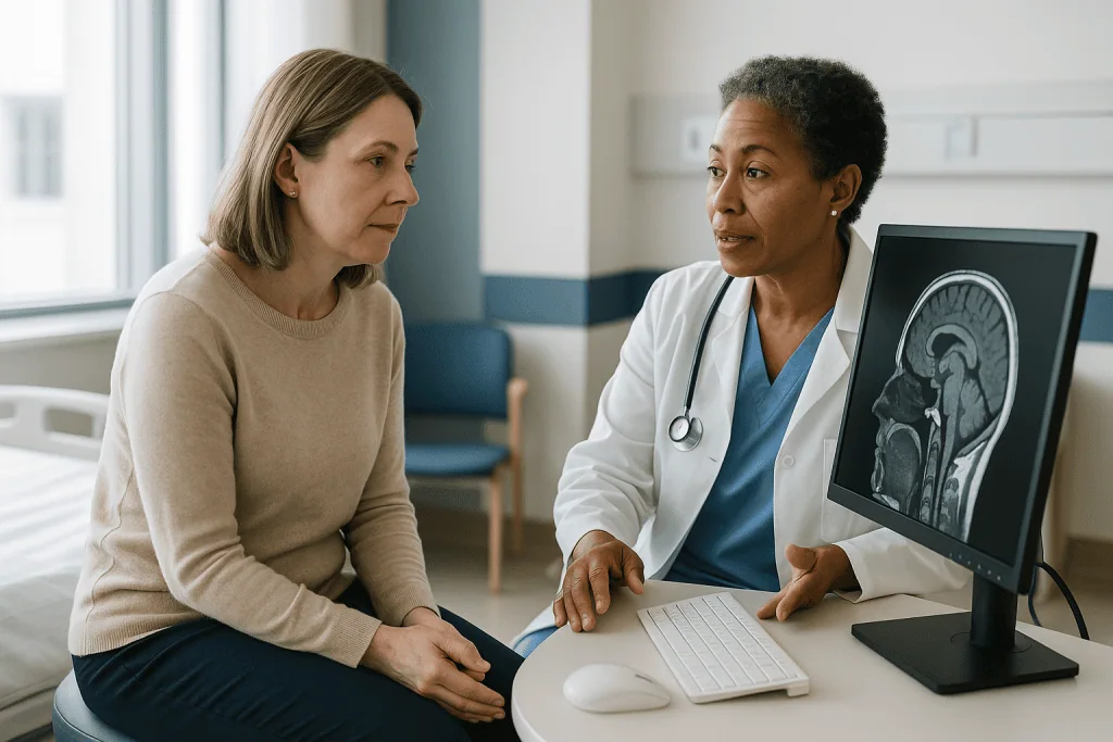 Doctor reviewing brain MRI scan with patient: How is AI used in healthcare right now? Start with the scans