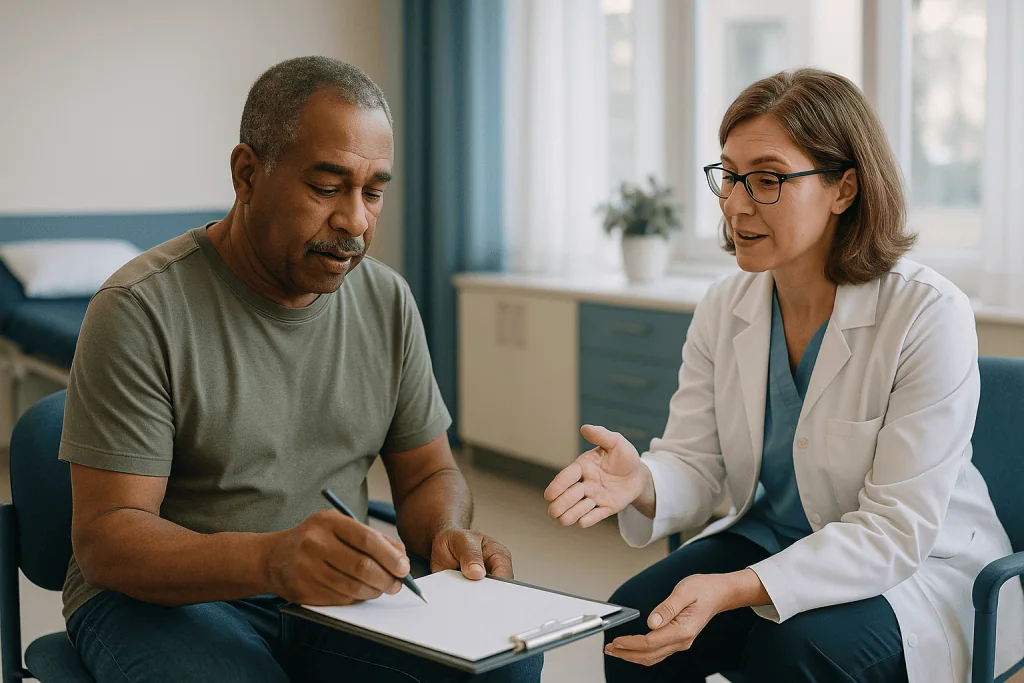Doctor consulting patient about medical assessment or diagnosis: How is aphasia diagnosed, and who carries out the testing?