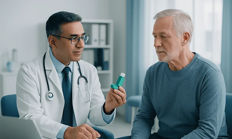 Doctor explaining spirometry results to an older male patient.