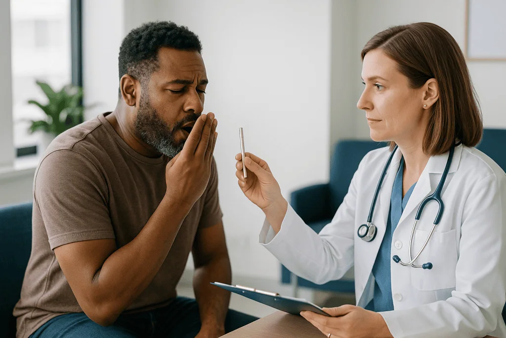 Doctor consulting patient about oral health issue: How is bad breath diagnosed? What actually happens in the room