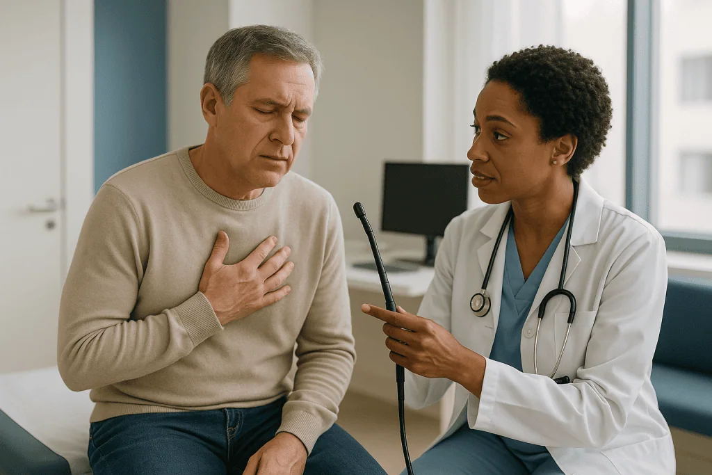 Doctor consulting male patient about chest/gastrointestinal symptoms: How is Barrett's esophagus diagnosed and graded?