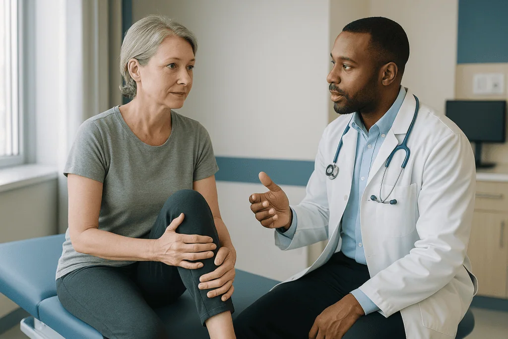 Doctor consulting with middle-aged female patient about knee pain — How is BPC-157 thought to work?