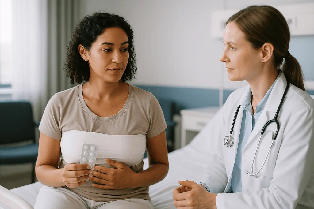 Doctor consulting patient, holding medication blister pack: How is breast reduction pain after surgery usually managed?