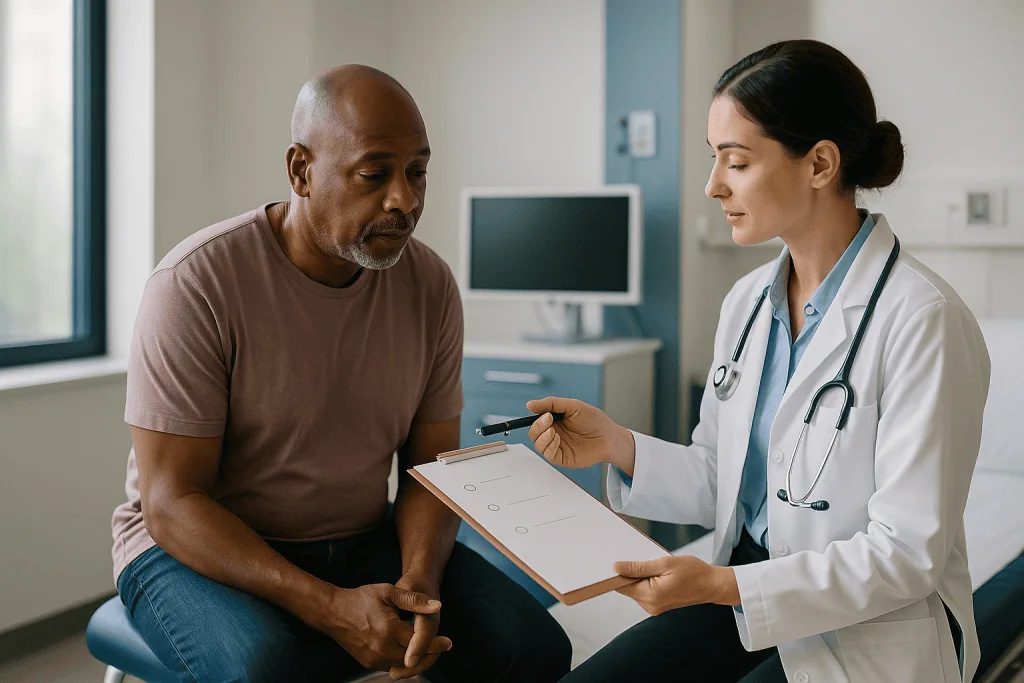 Doctor consulting with patient, holding clipboard: How is cancer staged? The TNM staging system in plain language